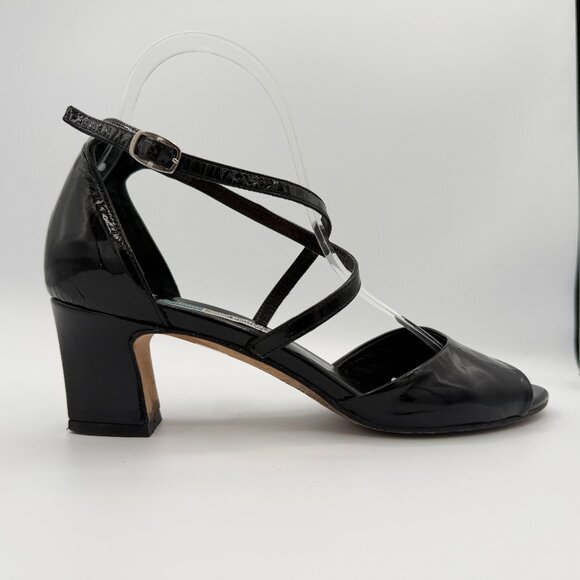 Vintage Shoes - Vintage Arnold Churgin Patent Leather Black Crisscross Strap Sandal  38.5